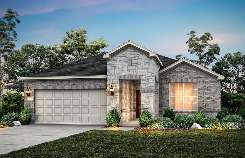 Exterior:The Emory, a one-story home with 2-car garage, shown with Home Exterior 34 *Model representation