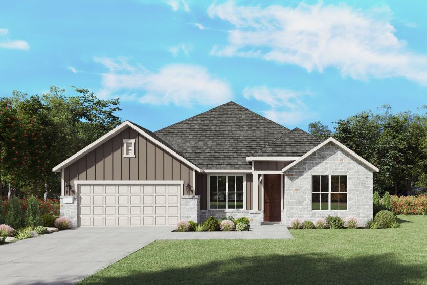Azle:The Azle, a one-story new home design shown with home exterior HC 201