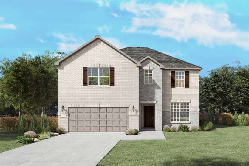 Exterior:The Amherst, a two-story new home design shown with home exterior D *Model representation