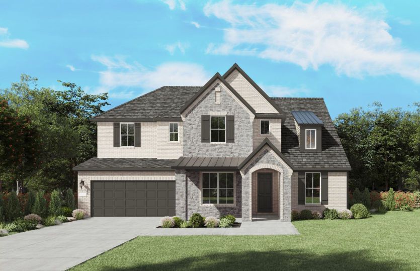 Exterior:The Ferris, a two-story new home design shown with home exterior FC 201 *Model representation