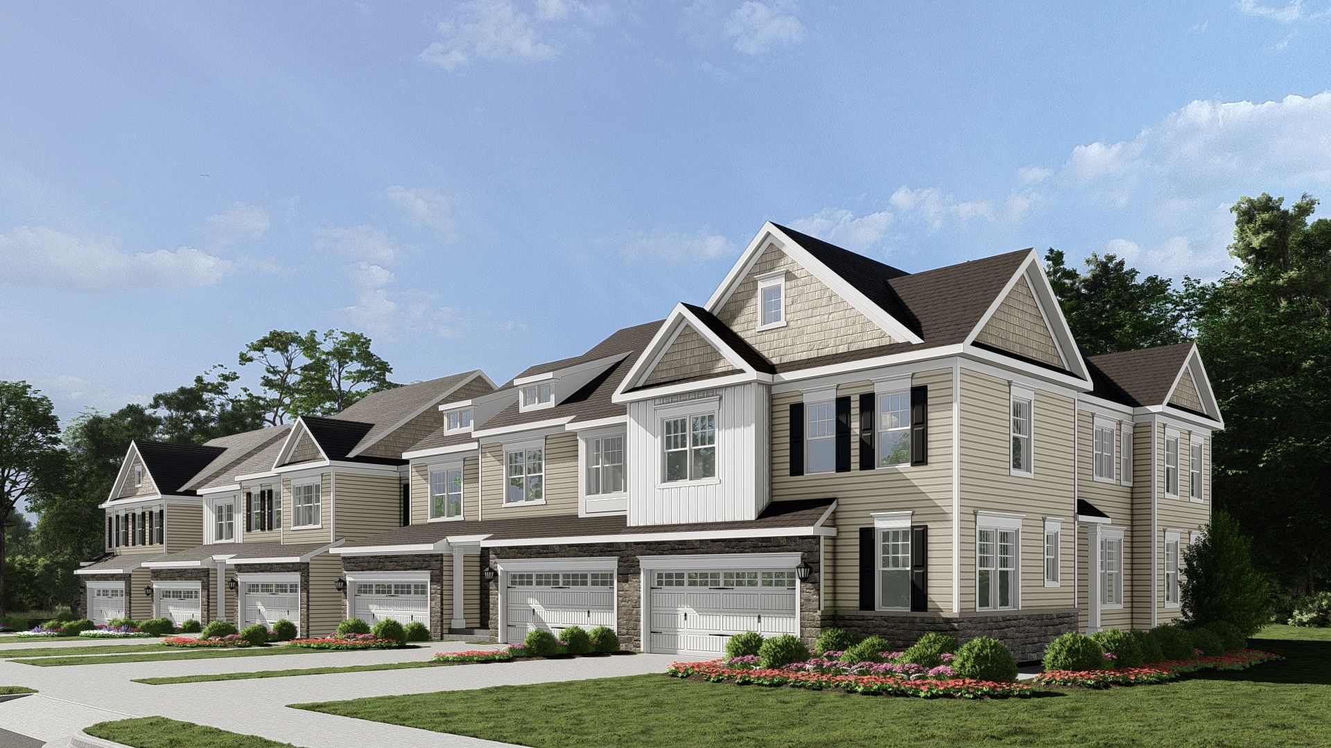 large beautifully landscaped carriage homes with cultured stone, board and batten, vinyl siding a...:A 6-Pack Rendering of the Carriage Homes at Willistown Point