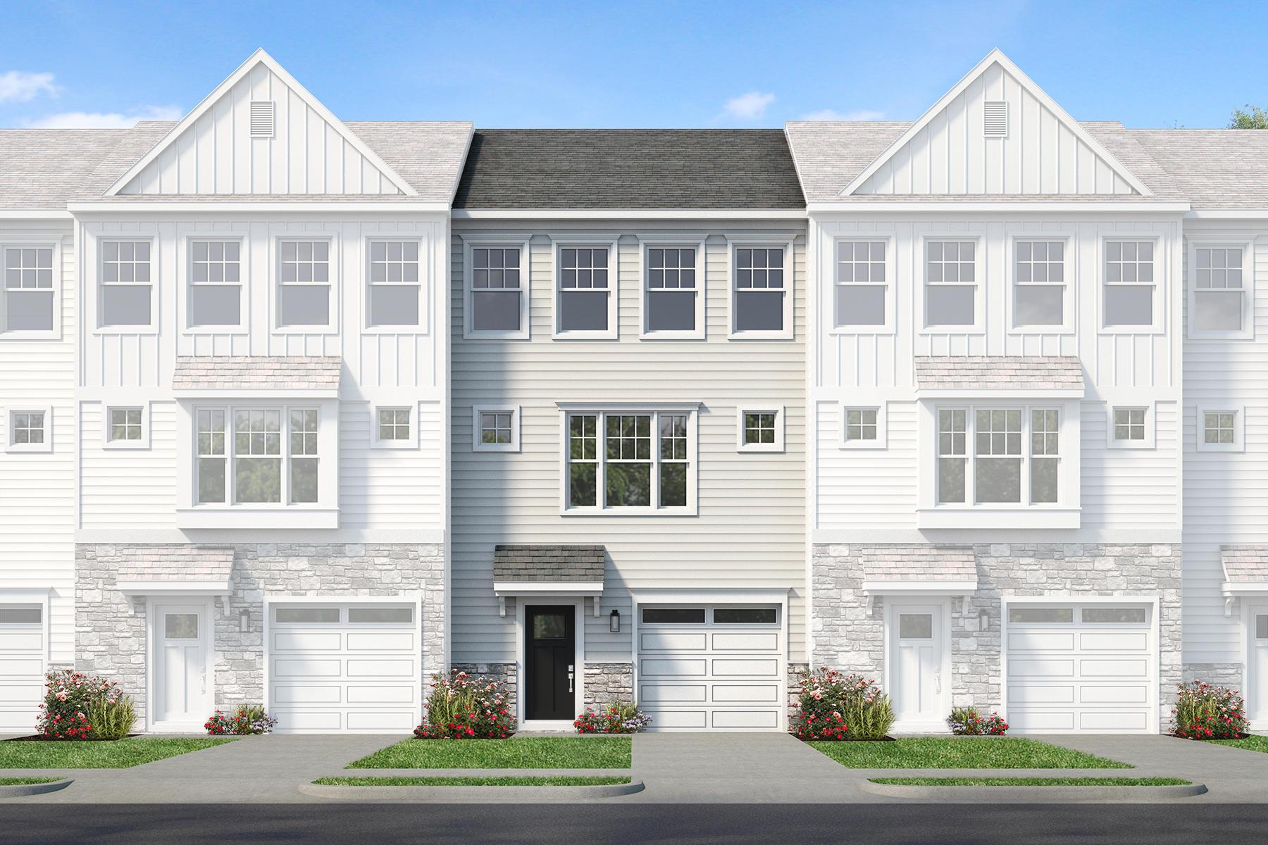 Front exterior rendering of three-story townhomes with white and light gray siding, stone accents...