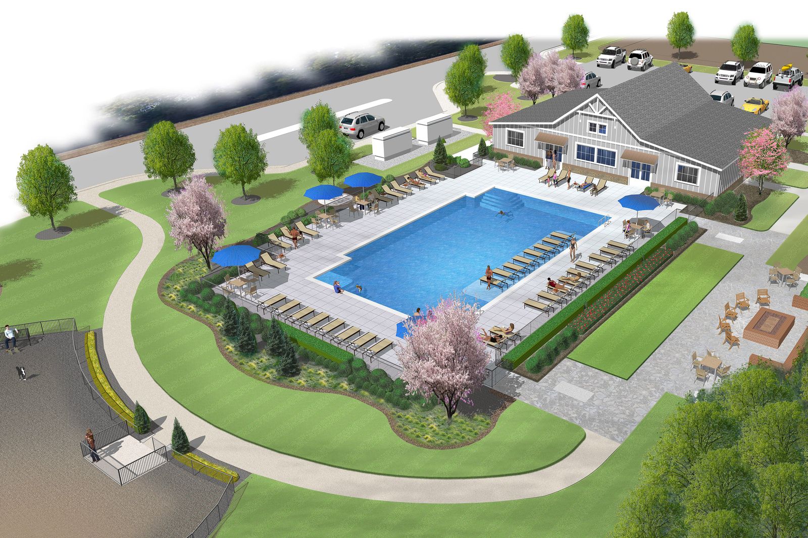 Upcoming amenities include a pool, dog park, clubhouse, and gathering spaces.