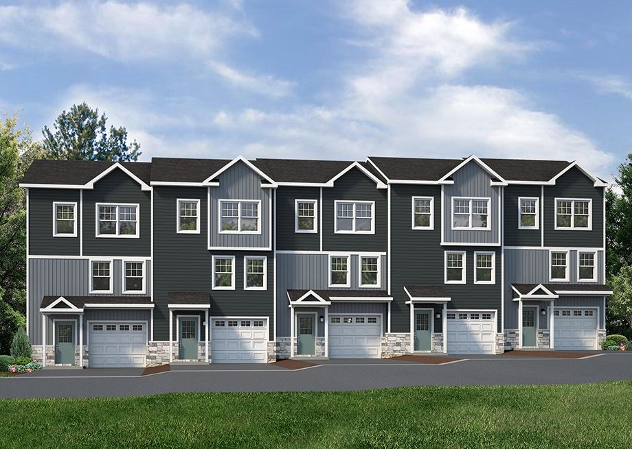 S&A Homes Streamline Series - the Redfield townhome - five unit building -3 story townhome with vinyl siding, single car garage and covered front entry
