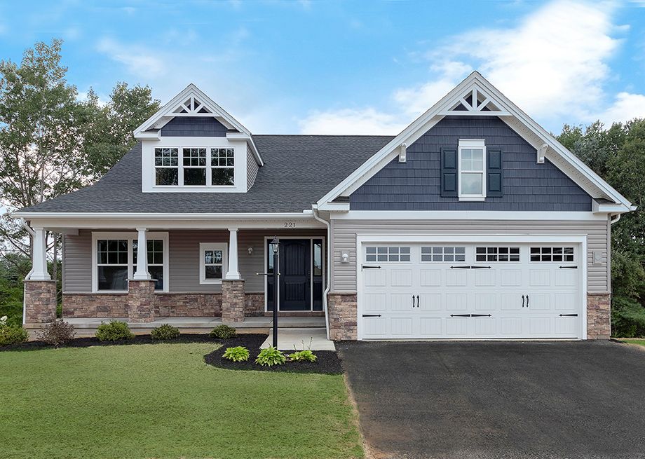 The Aspen C by S&A Homes - single level ranch home with Craftsman style exterior and 2 car garage