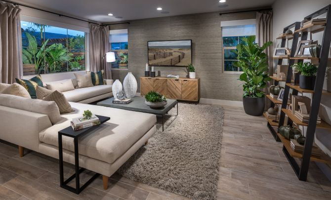 Plan 1 living room with sofa, area rug, wood floor