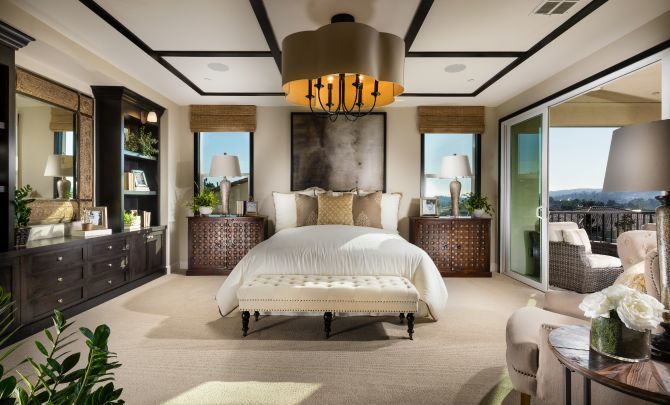 Plan 4 master bedroom with bed, chandelier, night 