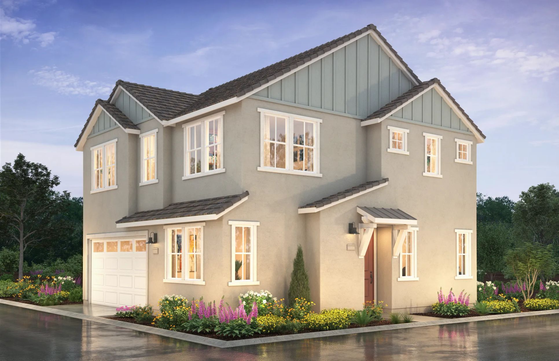 artist rendering of single family home farmhouse e:Exterior A