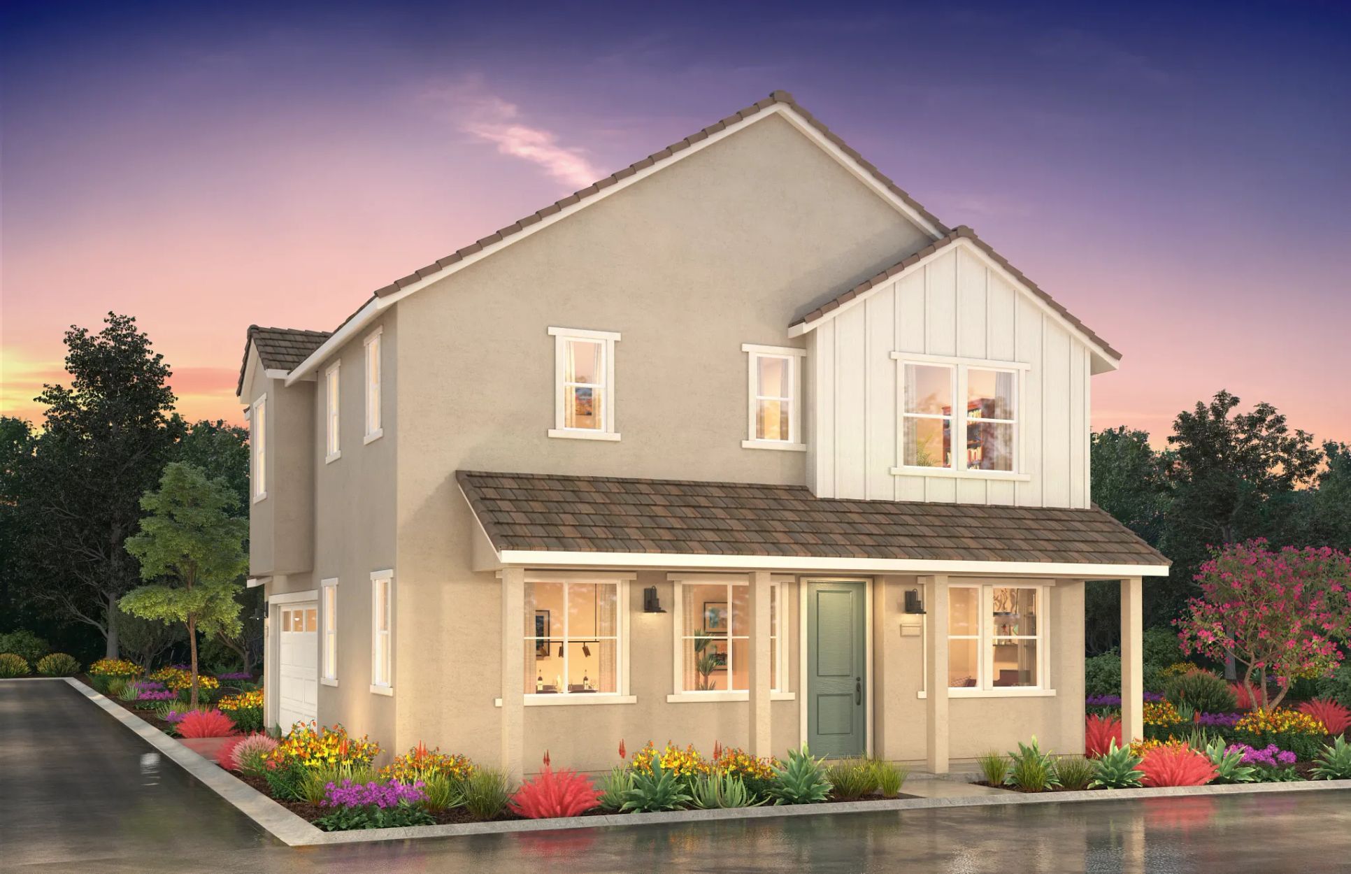 artist rendering of single family home farmhouse e:Exterior A