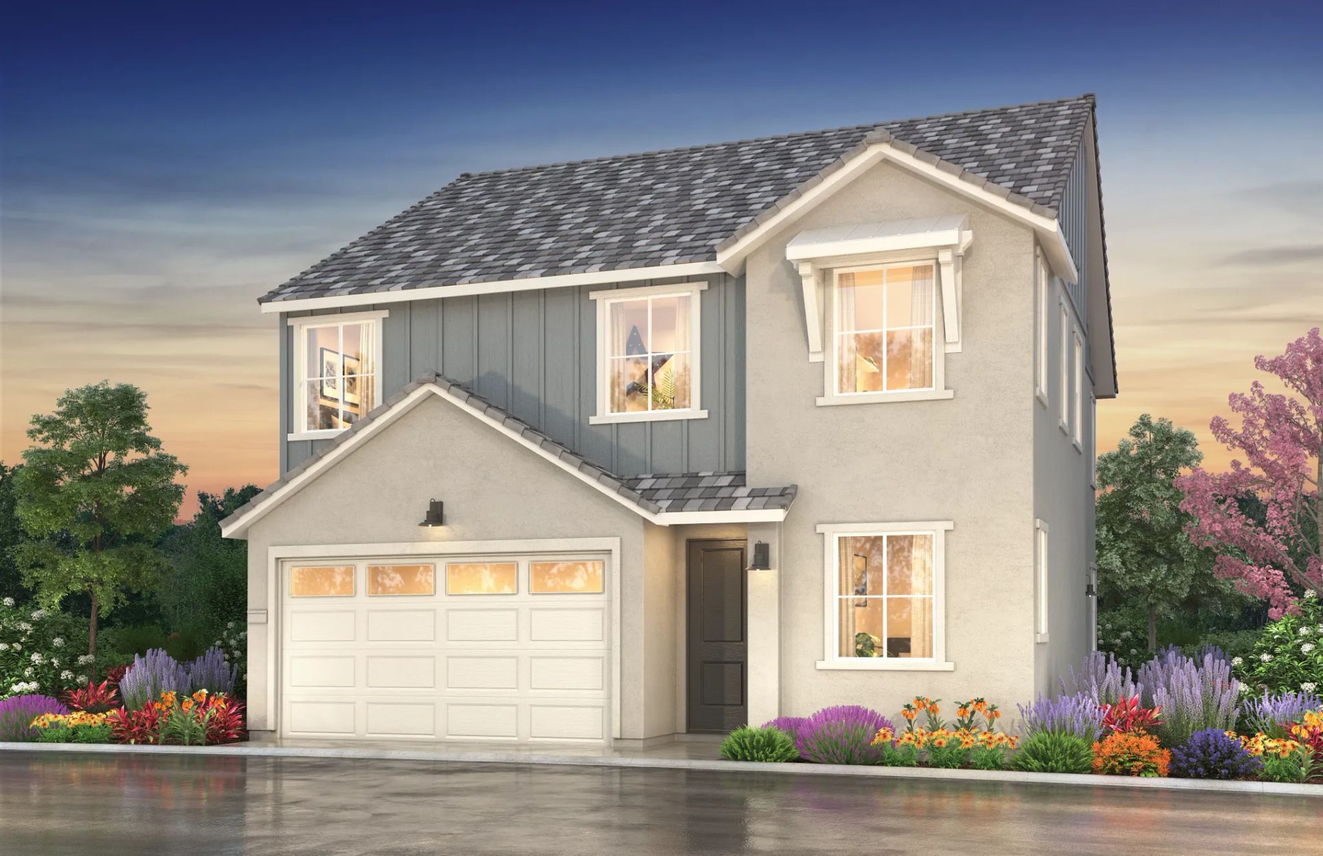 artist rendering of single family home farmhouse e:Exterior A