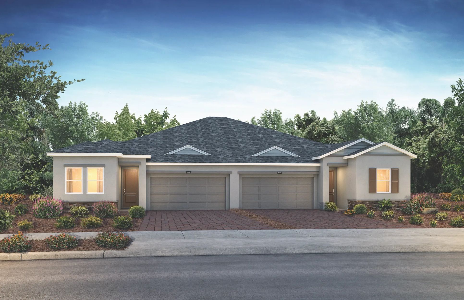 Shea Homes Ocala Preserve Valletta Exterior:Left: Valletta A, Right Valletta B, Opt. Stone, Co