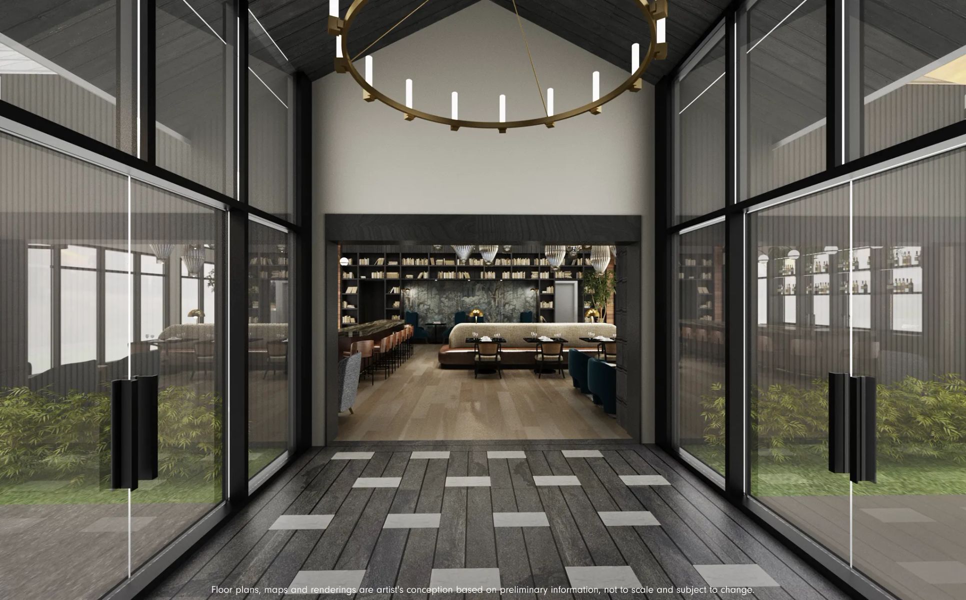 Rendering of ThreeOaks Wellness Social Club Foyer:Preliminary Wellness Social Club Rendering