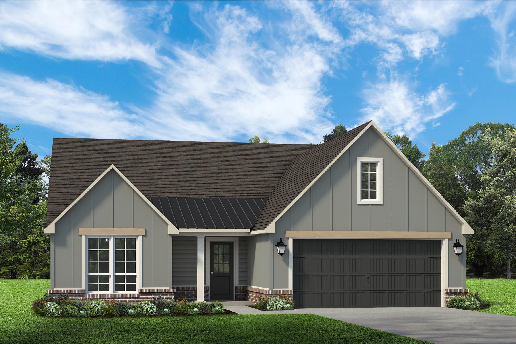 A crisp modern elevation with James Hardie board and batten siding for beauty and low maintenance:Eden Premier Elevation