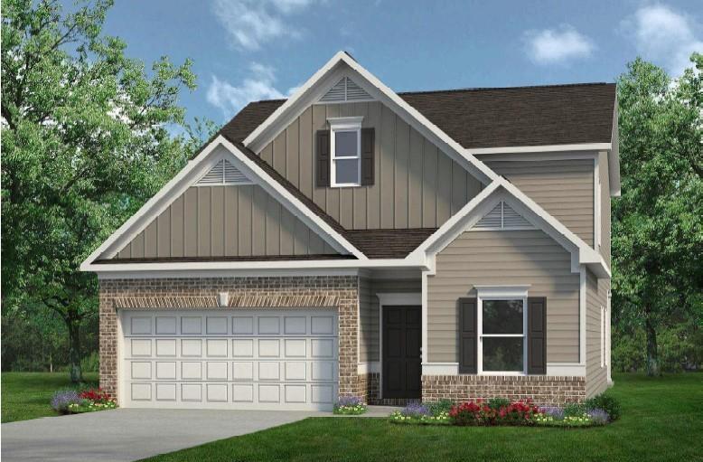 Exterior:View of front of property featuring board and batten siding, concrete driveway, brick siding, a fro