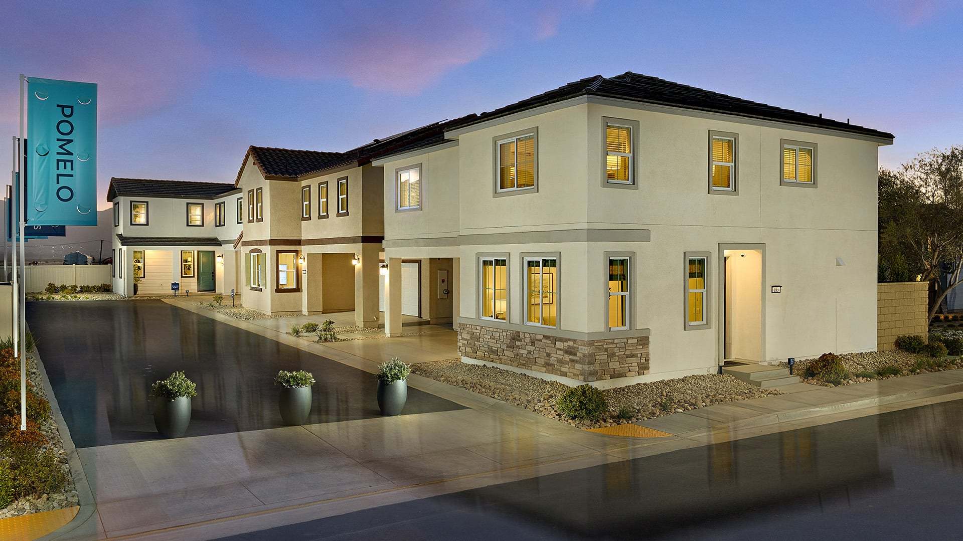 Pomelo at Mission Trail - Plan 1 - Front Exterior Dusk - Model Photography - Risewell Homes