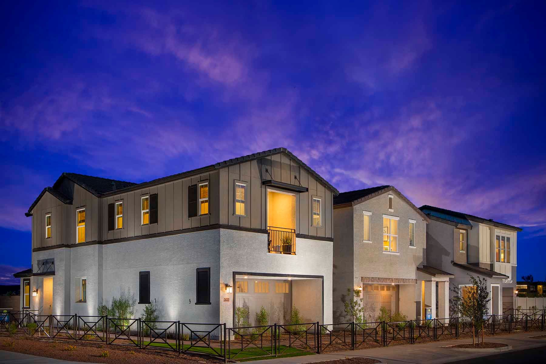 Aster at Union Park - Plan 1 Nighttime Exterior - Model Photography - 1800x1200