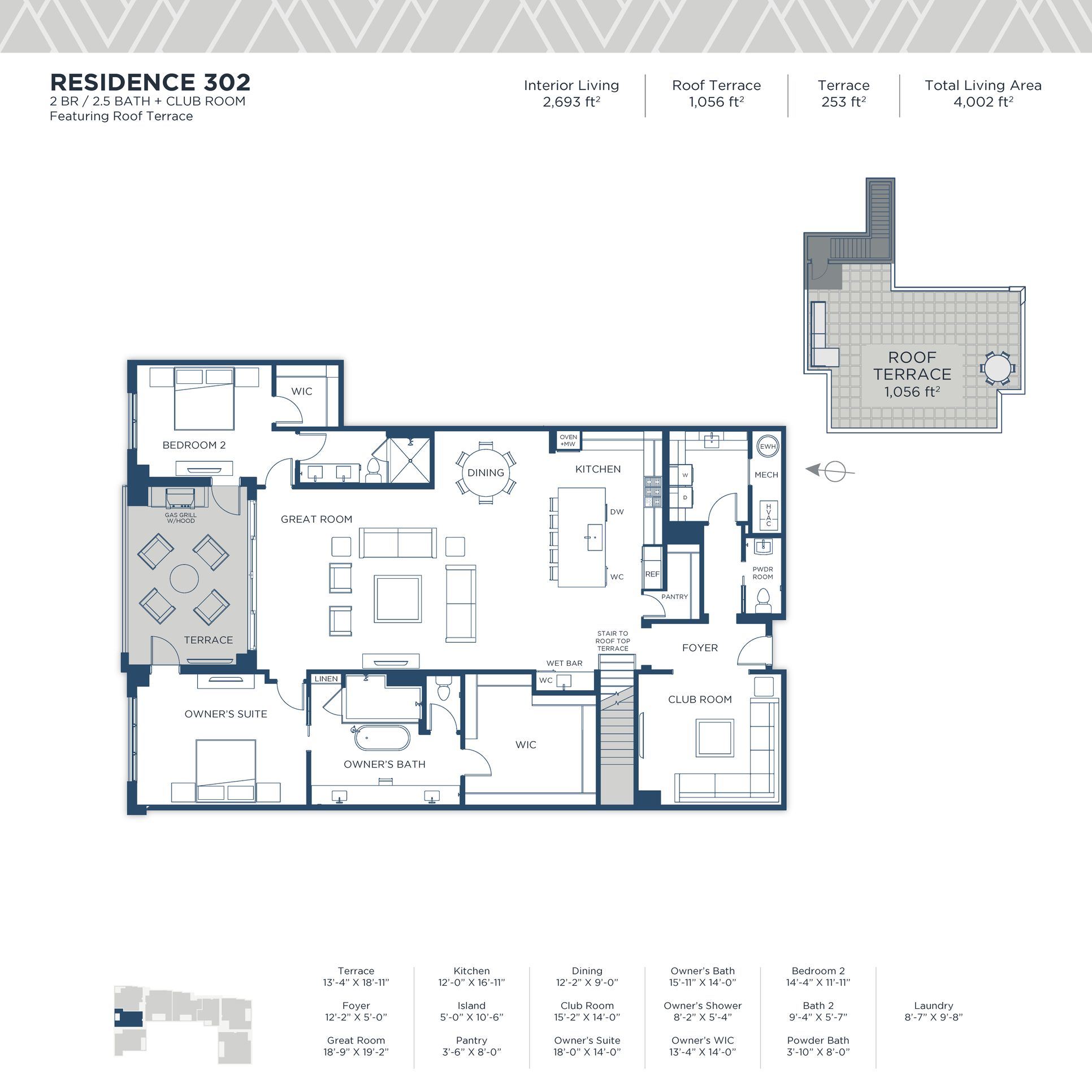 Residence 302 :2 Bedrooms, 2.5 Bathrroms, Club Room, & Private Rooftop Terrace.
