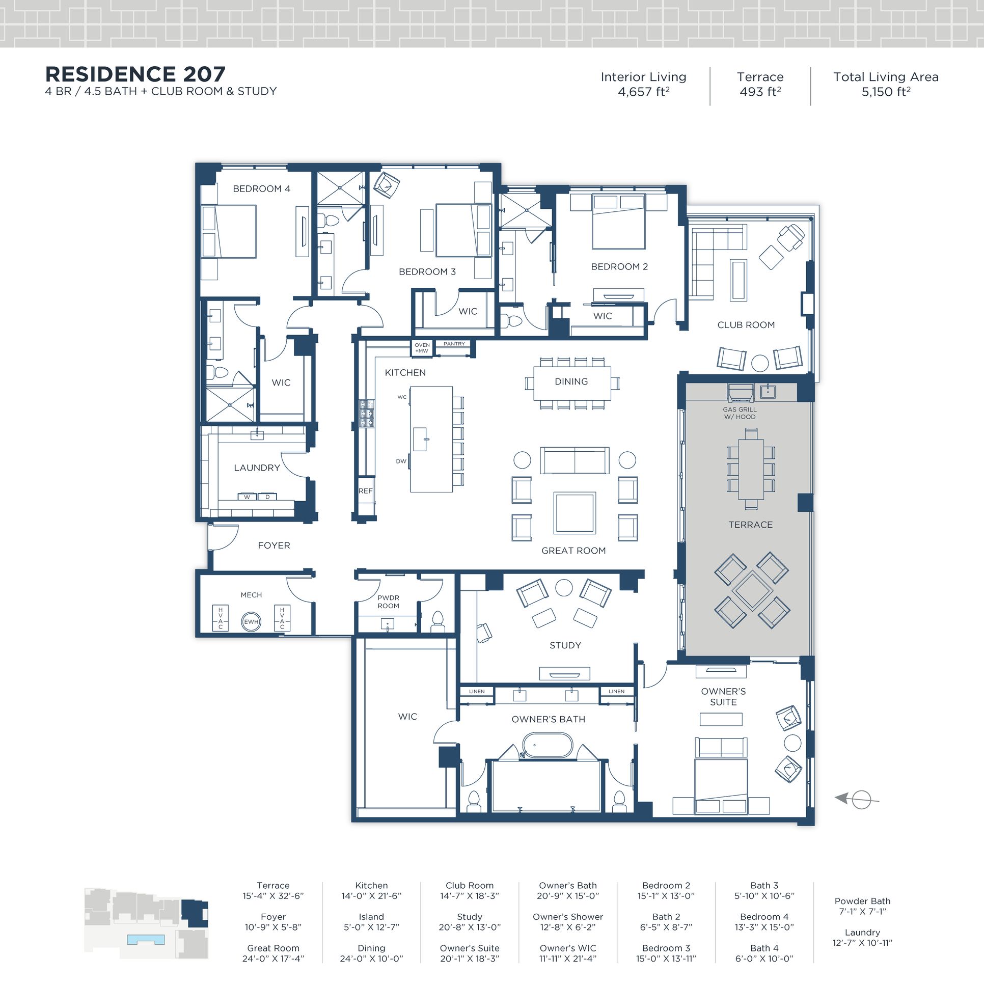 Residence 207:4 Bedrooms, 4.5 Bathrooms, Club Room & Study.