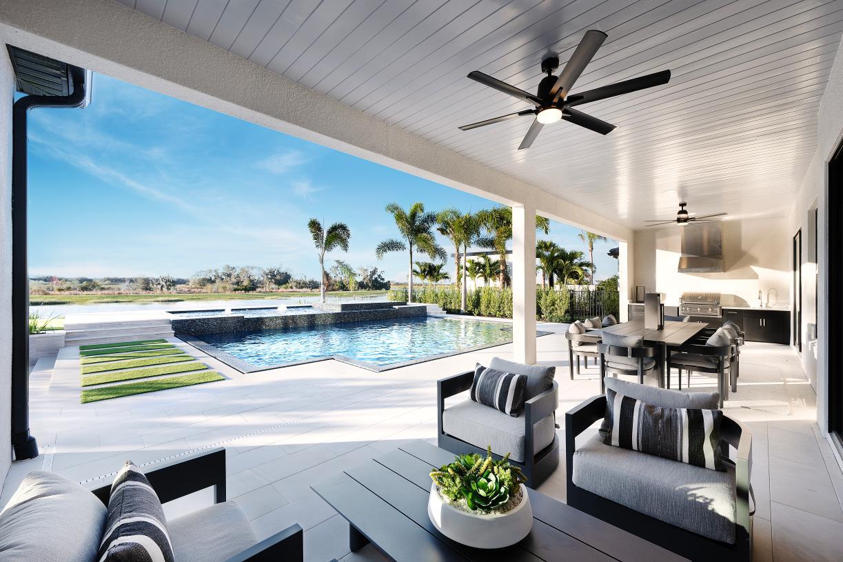 Elevation Image:Spacious covered lanai space with resort-style pool and spa