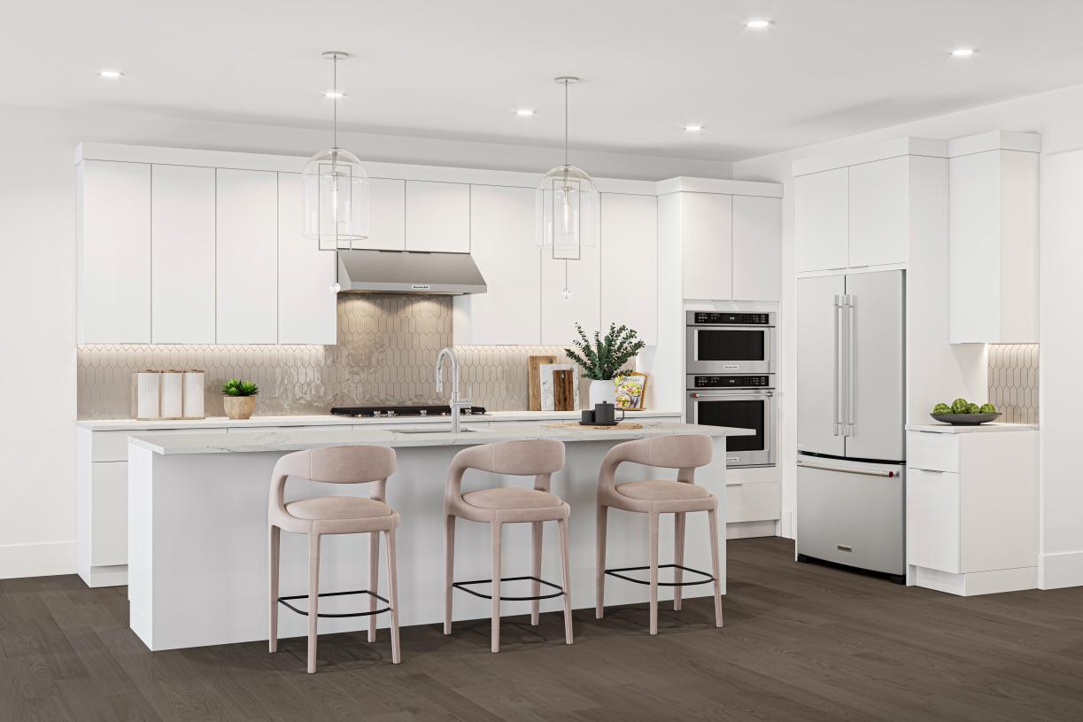 Elevation Image:Well-designed kitchen with white cabinetry