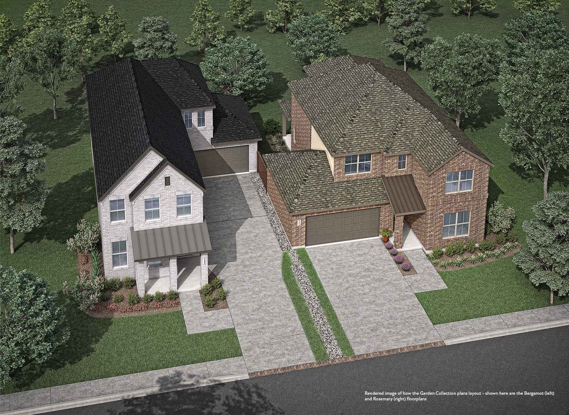 Garden Collection Streetscape:Rendered image of how the Garden Collection floorplan will layout - shown here are the Bergamot (lef